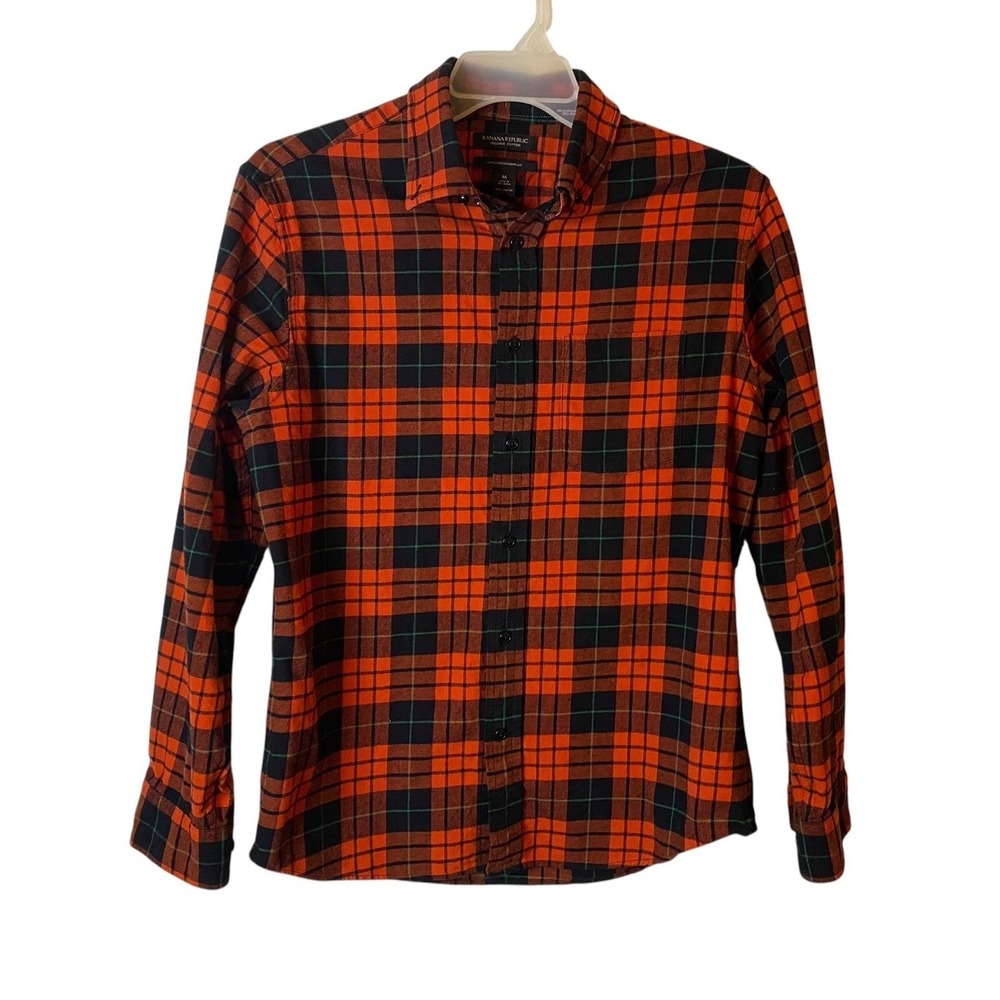 Banana Republic Mens Organic Cotton Plaid Flannel Shirt Orange Black size Medium